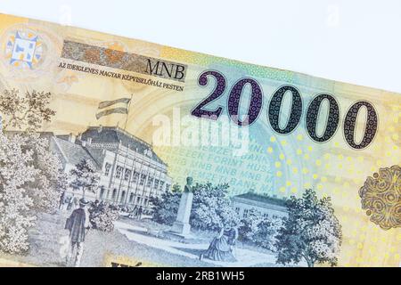 HUF cash Hungarian banknote, valued at 20,000 forint, providing clear representation of countrys currency. Stock Photo