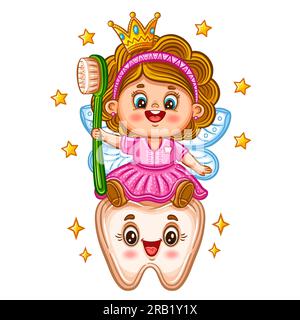 Cute tooth fairy princess, magic flying butterfly elf girl character with toothbrush. Kid dentistry. Cleaning toothpaste, mouth teeth hygiene. Vector Stock Vector