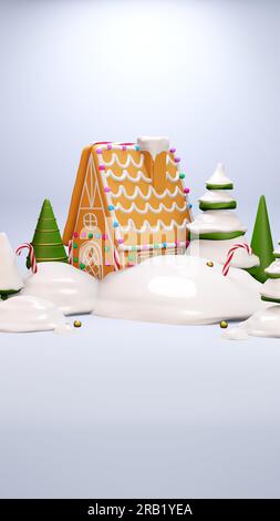 New 2022 Year is coming. Gingerbread house, christmas tree in snow on ligth blue background. Set of christmas 3d realistic icons. 3d illustration Stock Photo