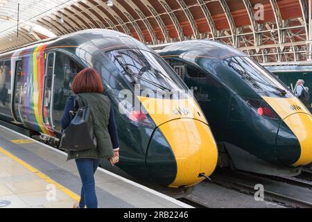 London UK. 5th July. Two GWR train locomotives  at Paddington station where reduced service were running  while Aslef was running overtime ban across the major train operating companies. Credit:   glosszoom/Alamy Live News Stock Photo