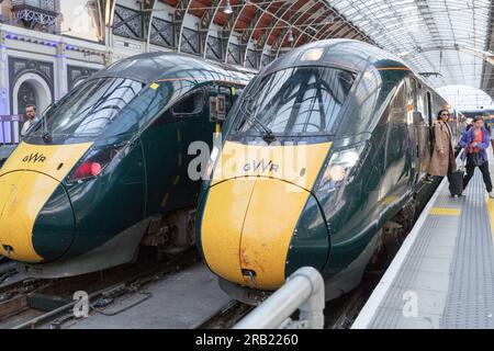 London UK. 5th July. GWR train locomotives painted rainbow colors ...
