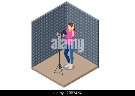 Isometric Music Recording Studio. Studio microphone. Soundproof wall in sound studio Woman singing into a condenser microphone Stock Vector