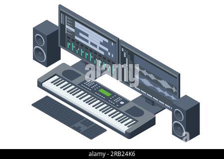 Isometric Music Recording Studio. Home music studio dj and producer equipment Stock Vector