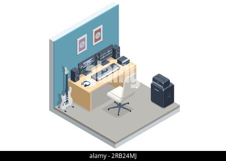 Isometric Music Recording Studio. Home music studio dj and producer equipment Stock Vector