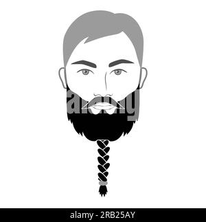 Viking Beard men braided or styled with beads, in face illustration Facial hair mustache. Vector grey black portrait male Fashion template flat barber. Stylish hairstyle isolated outline on white Stock Vector