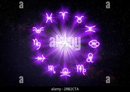 Zodiac wheel with twelve signs on starry sky background. Horoscopic astrology Stock Photo