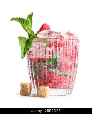 Glass of fresh raspberry lemonade with mint on white background Stock Photo