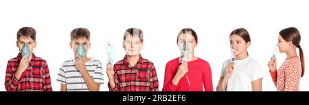 Inhalation therapy. Collage with photos of kids using nebulizers on ...