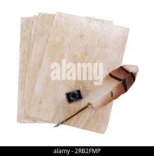 Inkwell, fountain pen and parchment on white background, top view Stock Photo