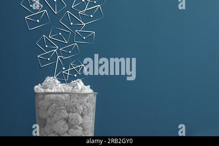 Spam. Drawn envelopes falling into bin with crumpled paper on blue background, space for text Stock Photo