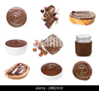 Yummy chocolate paste and hazelnuts on white background, collage design Stock Photo