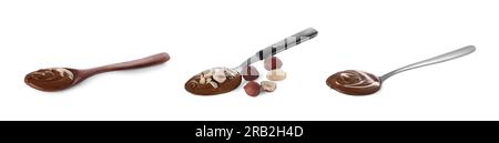 Yummy chocolate paste in spoons and hazelnuts on white background, collage design Stock Photo