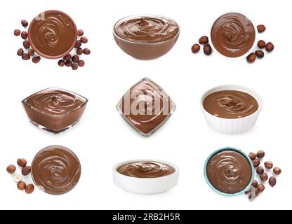 Yummy chocolate paste in bowls and hazelnuts on white background, collage design Stock Photo