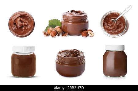 Yummy chocolate paste in jars and hazelnuts on white background, collage design Stock Photo