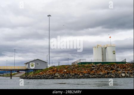 HOMER, AK, USA – JUNE 3, 2023: City of Homer Port & Harbor, Petro Marine Services fuel storage and dock Stock Photo