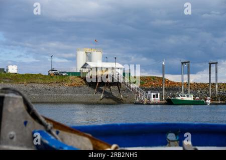 HOMER, AK, USA – MAY 30, 2023: City of Homer Port & Harbor, Petro Marine Services fuel storage and dock Stock Photo