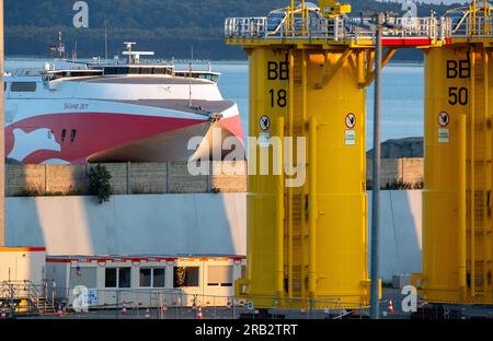 Sassnitz Mukran, Germany. 06th July, 2023. The fast ferry 'Skane Jet' of the Flensburg shipping company FRS arrives at the port of Sassnitz-Mukran from Sweden. The island of Rügen is again connected with Sweden by a ferry line since 17.09.2020. Credit: Stefan Sauer/dpa/ZB/dpa/Alamy Live News Stock Photo