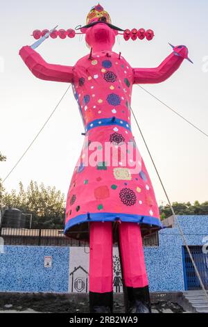 Ravnans being ignited during Dussera festival at ramleela ground in Delhi, India, Big statue of Ravana to get fire during the Fair of Dussera to celeb Stock Photo