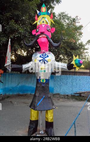 Ravnans being ignited during Dussera festival at ramleela ground in Delhi, India, Big statue of Ravana to get fire during the Fair of Dussera to celeb Stock Photo