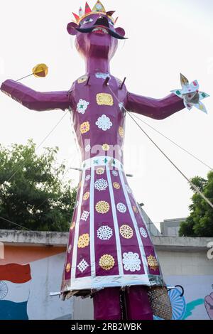 Ravnans being ignited during Dussera festival at ramleela ground in Delhi, India, Big statue of Ravana to get fire during the Fair of Dussera to celeb Stock Photo