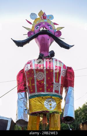 Ravnans being ignited during Dussera festival at ramleela ground in Delhi, India, Big statue of Ravana to get fire during the Fair of Dussera to celeb Stock Photo