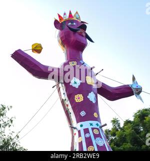 Ravnans being ignited during Dussera festival at ramleela ground in Delhi, India, Big statue of Ravana to get fire during the Fair of Dussera to celeb Stock Photo