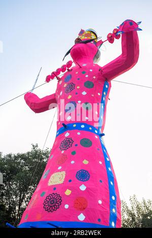 Ravnans being ignited during Dussera festival at ramleela ground in Delhi, India, Big statue of Ravana to get fire during the Fair of Dussera to celeb Stock Photo