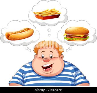 Overweight man thinking about fast food illustration Stock Vector
