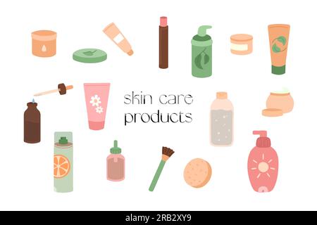 Skin care products isolated set. Vector flat illutrations of cosmetics for self care daily routine. Organic cosmetic moisturizer, serum, cleanser and Stock Vector