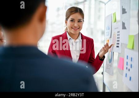 A portrait of an attractive Asian businesswoman presented her marketing project on a whiteboard to her team in the meeting. creative brainstorming mee Stock Photo