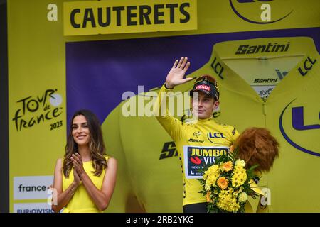 Cauterets Cambasque, France. 06th July, 2023. Jonas Vingegaard of Denmark, from Team Jumbo-Visma celebrates on the podium as he secured the general individual classification yellow jersey after the sixth stage of the 110th Tour de France cycling race over 144.9 kilometers (90 miles) with start in Tarbes and finish in Cauterets-Cambasque, France, Thursday, July 6, 2023. Photo by jeep.vidon/Pool/ABACAPRESS.COM Credit: Abaca Press/Alamy Live News Stock Photo