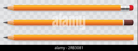 Realistic wooden graphite pencils, sharpener, eraser and shavings.  Sharpened pencil sizes, writing and drawing tools. Stationery vector set, Stock vector