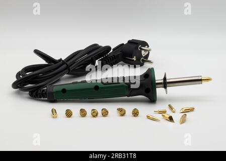 Pyrography with bit tool set isolated on white background. Stock Photo