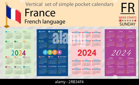 French vertical set of pocket calendar for 2024 (two thousand twenty four). Week starts Sunday. New year. Color simple design. Vector Stock Vector