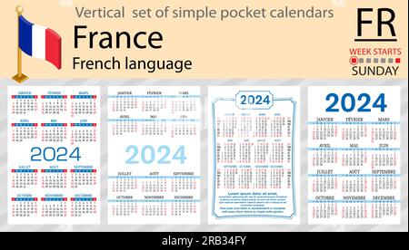 French vertical set of pocket calendar for 2024 (two thousand twenty four). Week starts Sunday. New year. Color simple design. Vector Stock Vector