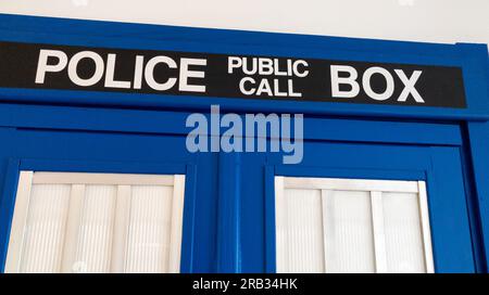 Bordeaux , France - 07 01 2023 : Police public call box text sign like tv movies Tardis from Doctor Who Stock Photo