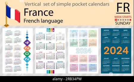 French vertical set of pocket calendar for 2024 (two thousand twenty four). Week starts Sunday. New year. Color simple design. Vector Stock Vector