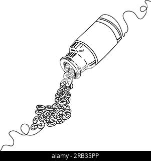 One solid line drawing of sketch pills which pour out of the bottle isolated on white background. Hand drawn medical illustration. Stock Vector