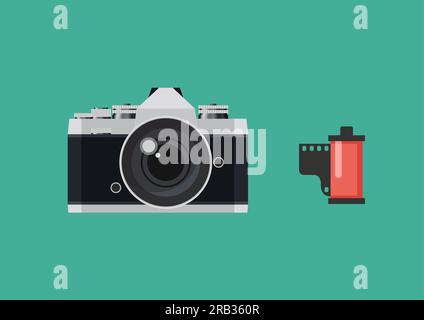 Retro camera with film roll in a flat style. Vector illustration Stock Vector