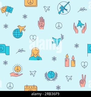 Pacifism seamless pattern in colored line style. Background with peace symbols. Vector illustration. Stock Vector