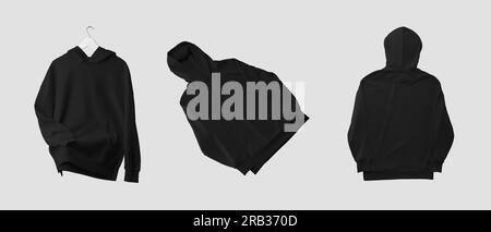 Black long hoodie mockup on a hanger, with shadows, wrinkles, shirt presentation, front, back view, isolated on background. Set streetwear, for commer Stock Photo