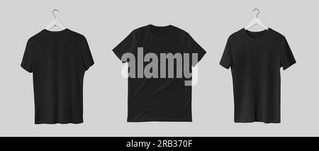 Mockup of a male black t-shirt on a hanger, front, back view, clothing presentation for commerce, advertising. Set of empty fashionable shirts for des Stock Photo