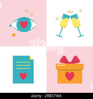 Valentine day romantic icon set in flat style. Love symbols including love in the eye, two champagne glasses, marriage contract and gift box. Vector i Stock Vector