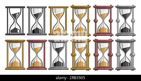 Vector Hourglass Set, decorative banner lot collection of 12 cut out illustrations of different retro hourglasses, group of many vintage sand clock sy Stock Vector