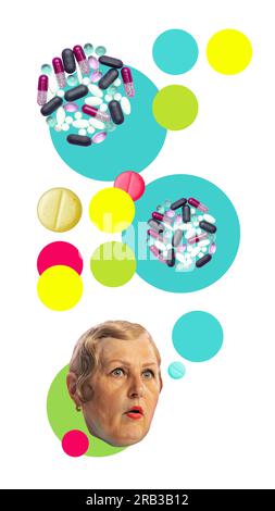 Contemporary art collage. Senior woman with shocked face looking at pills. Giant price and many medical treatment Stock Photo