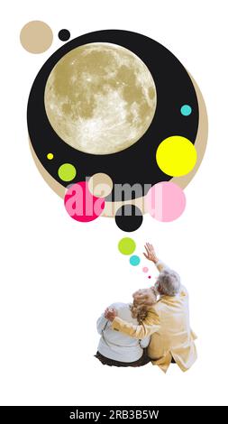 Contemporary art collage. Senior man and woman, loving couple sitting, hugging, talking and looking at sky. Calmness Stock Photo