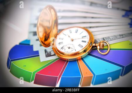 business pie charts and antique gold pocket watch on table Stock Photo