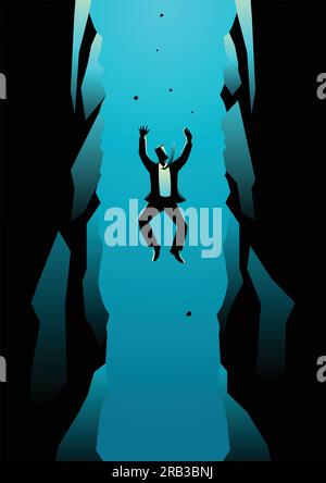 Business concept illustration of a businessman falling into long pit. Failure, bankruptcy, debt, risk in business concept Stock Vector