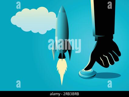 Business concept illustration of a businessman hand pushing start button, start up, war concept Stock Vector