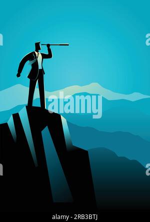 Business concept illustration of businessman using telescope on top of the mountain Stock Vector